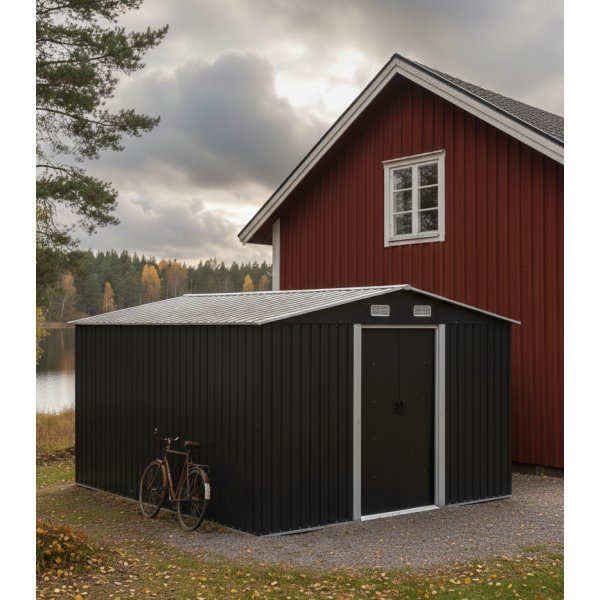 Förråd och redskapsbod 12,5m² | Dubbel skjutdörr | Bas ingår Förråd och redskapsbod 12,5m² | Dubbel skjutdörr | Bas ingår