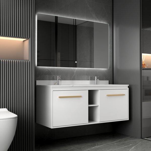 Badrumspaket 120 cm – Kommod med dubbla keramiska tvättställ & LED-spegel | Mjukstängning Badrumspaket 120 cm – Kommod med dubbla keramiska tvättställ & LED-spegel | Mjukstängning