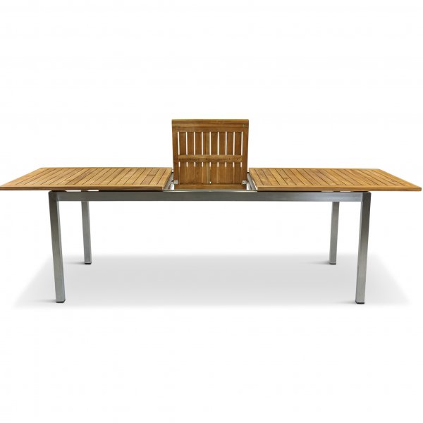 Frlngningsbart bord 200-250cm | 8 stolar | Rostfritt stl / teak