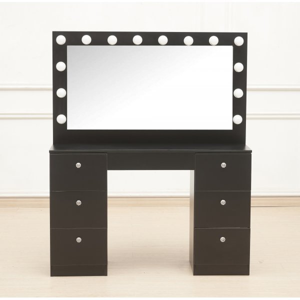 Sminkbord med LED-spegel | 14 lampor, 7 lådor & kristallhandtag | Svart Sminkbord med LED-spegel | 14 lampor, 7 lådor & kristallhandtag | Svart