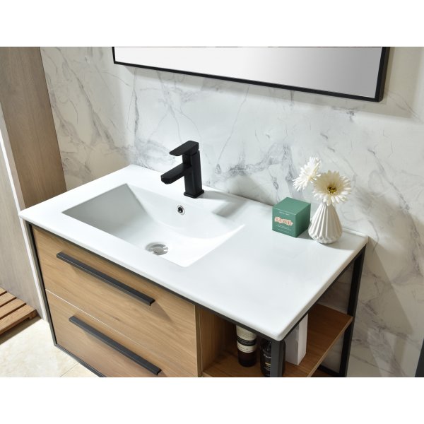 Industria Badrumspaket 90 cm – Kommod, keramiskt tvättställ, spegel & sidoskåp | Trä/Svart Industria Badrumspaket 90 cm – Kommod, keramiskt tvättställ, spegel & sidoskåp | Trä/Svart