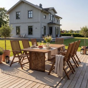 Matgrupp i eukalyptus tr� | Stor utem�bel med 8 positionsstolar | Sandviken