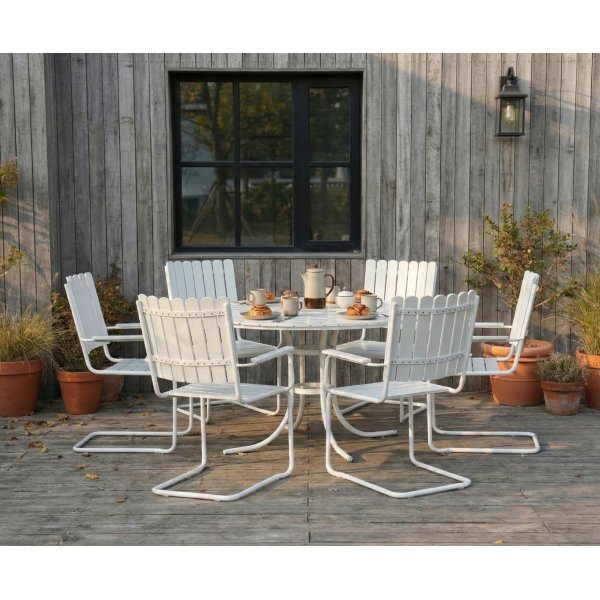 Rund matgrupp utomhus 6 stolar | �135 cm | Vit � Gl�nta