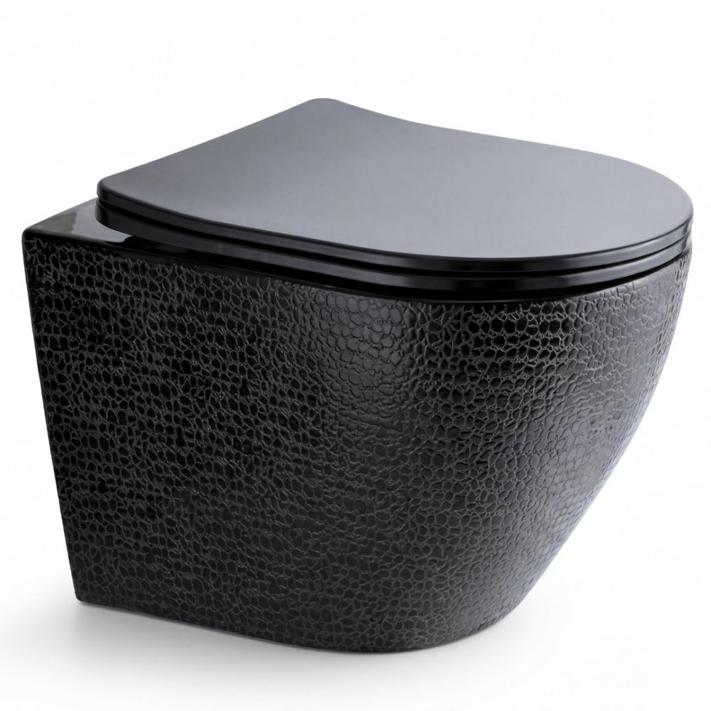 Svart v&auml;ggh&auml;ngd toalett med snakeskin-textur   480x360x360 mm