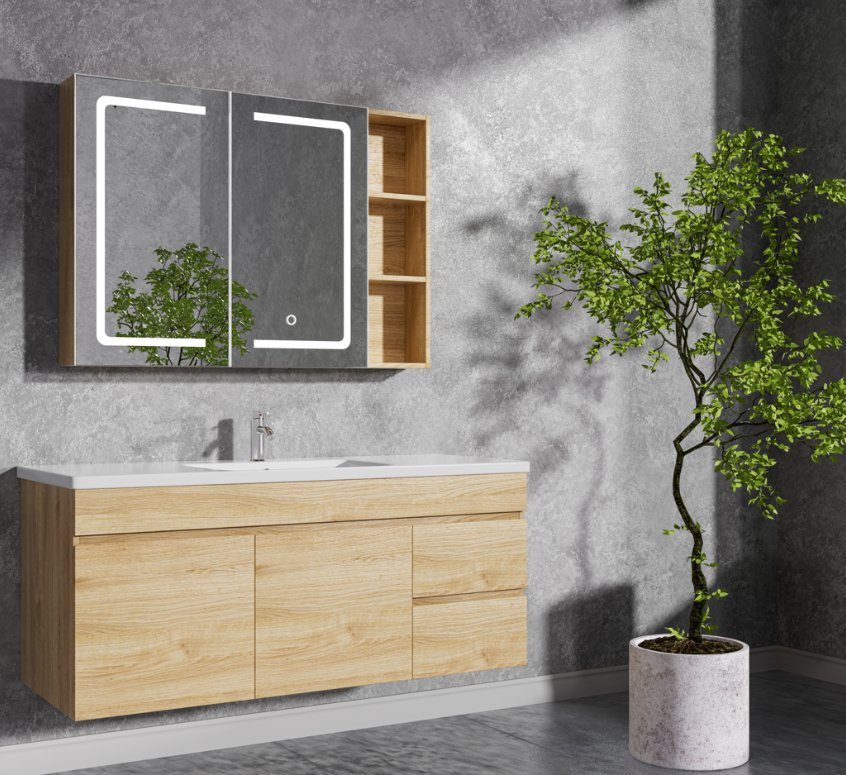 Badrumspaket | Kommod 120cm | LED-spegelskåp | Venedig | LED-spegel: 120x70 cm med två mjukstängande dörrar.