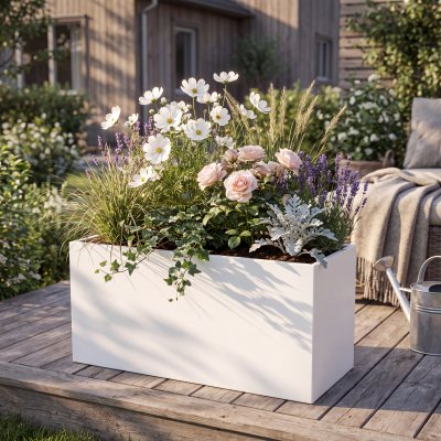 Hög blomlåda 90x30x60 cm i galvaniserat stål | Vit | Stor och elegant blomlåda i stilren vit finish