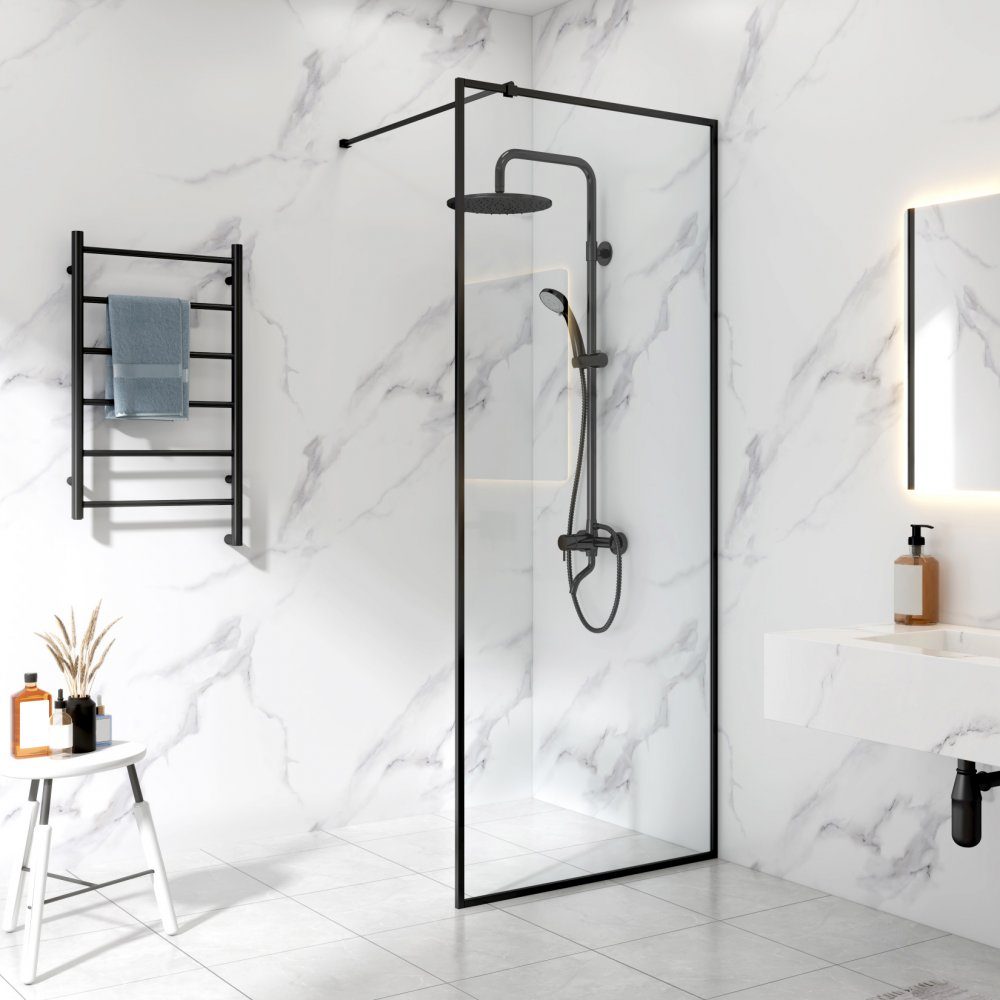 Duschvägg 85x210cm | Aluminium & säkerhetsglas | Svart ram | Fast duschvägg för hörnmontering