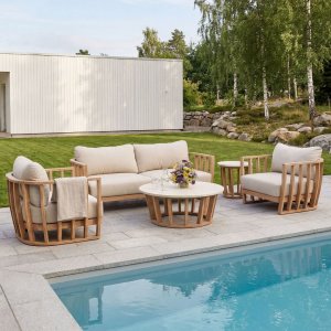 Soffgrupp i akacia & terrazzo-sten | Dynor med linnetyg | Storvik