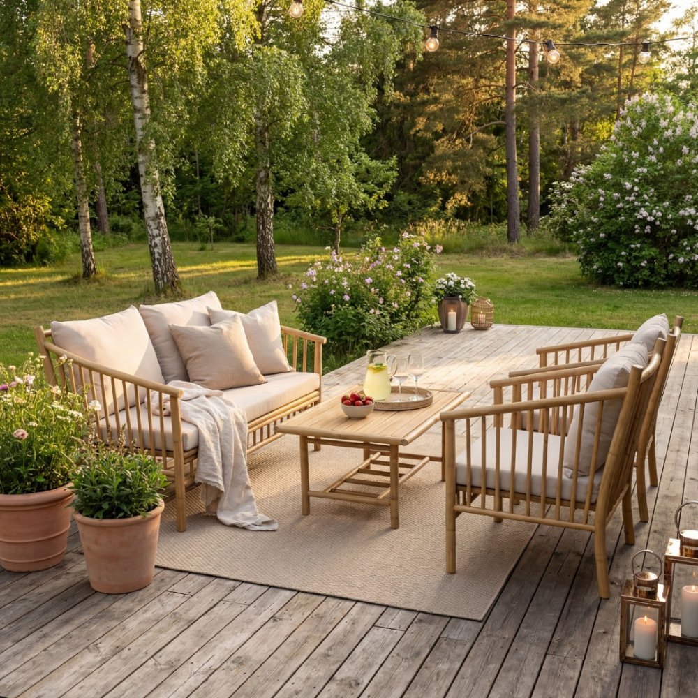 Bambu loungegrupp utomhus  Soffa, 2 f&aring;t&ouml;ljer & bord i naturmaterial