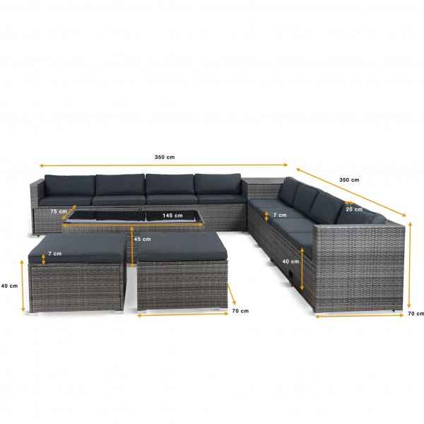 Stor loungegrupp | Tre smarta förvaringsutrymmen | Grå konstrotting Stor loungegrupp | Tre smarta förvaringsutrymmen | Grå konstrotting