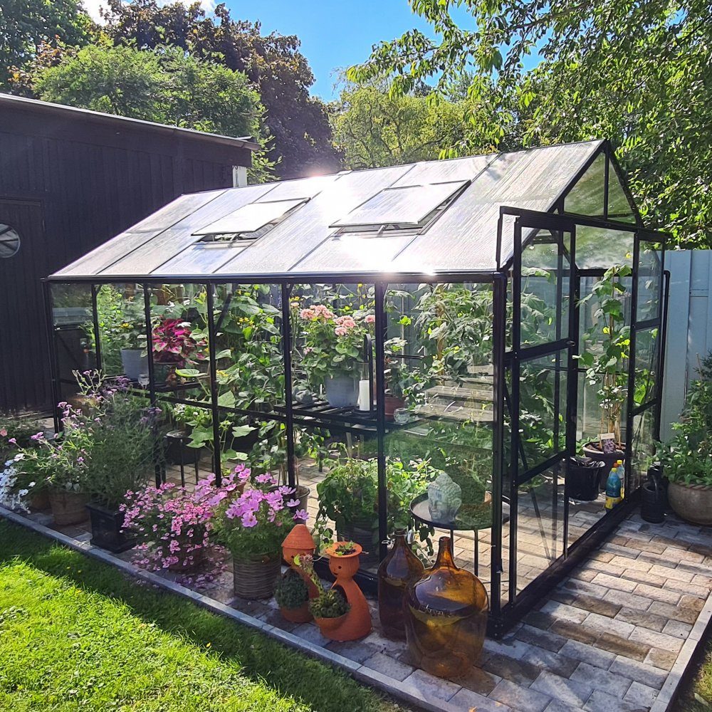 Växthus 9,6 m2  4mm säkerhetsglas  5 års stormgaranti  Svart  Yta: 9,6 m2 (3,72x2,57 m)