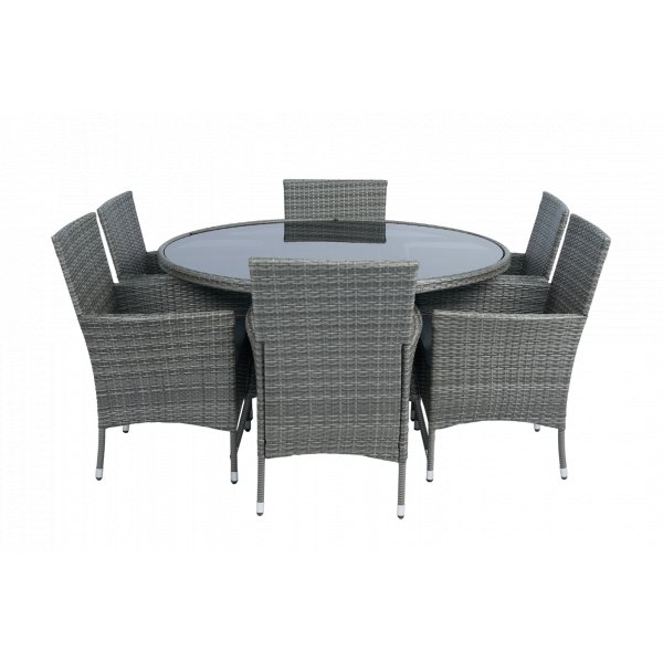 Matgrupp Tyl�sand Gr� � 6 platser | Runt bord �135 cm & 6 stolar med dynor