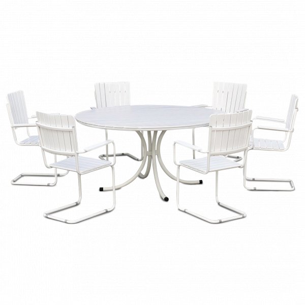 Rund utembel matgrupp | Bord med 6 stolar | Vitlaserad akacia | Grs