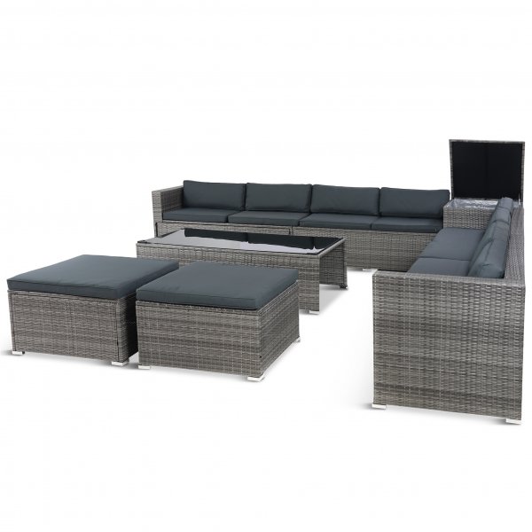 Stor loungegrupp | Tre smarta förvaringsutrymmen | Grå konstrotting Stor loungegrupp | Tre smarta förvaringsutrymmen | Grå konstrotting