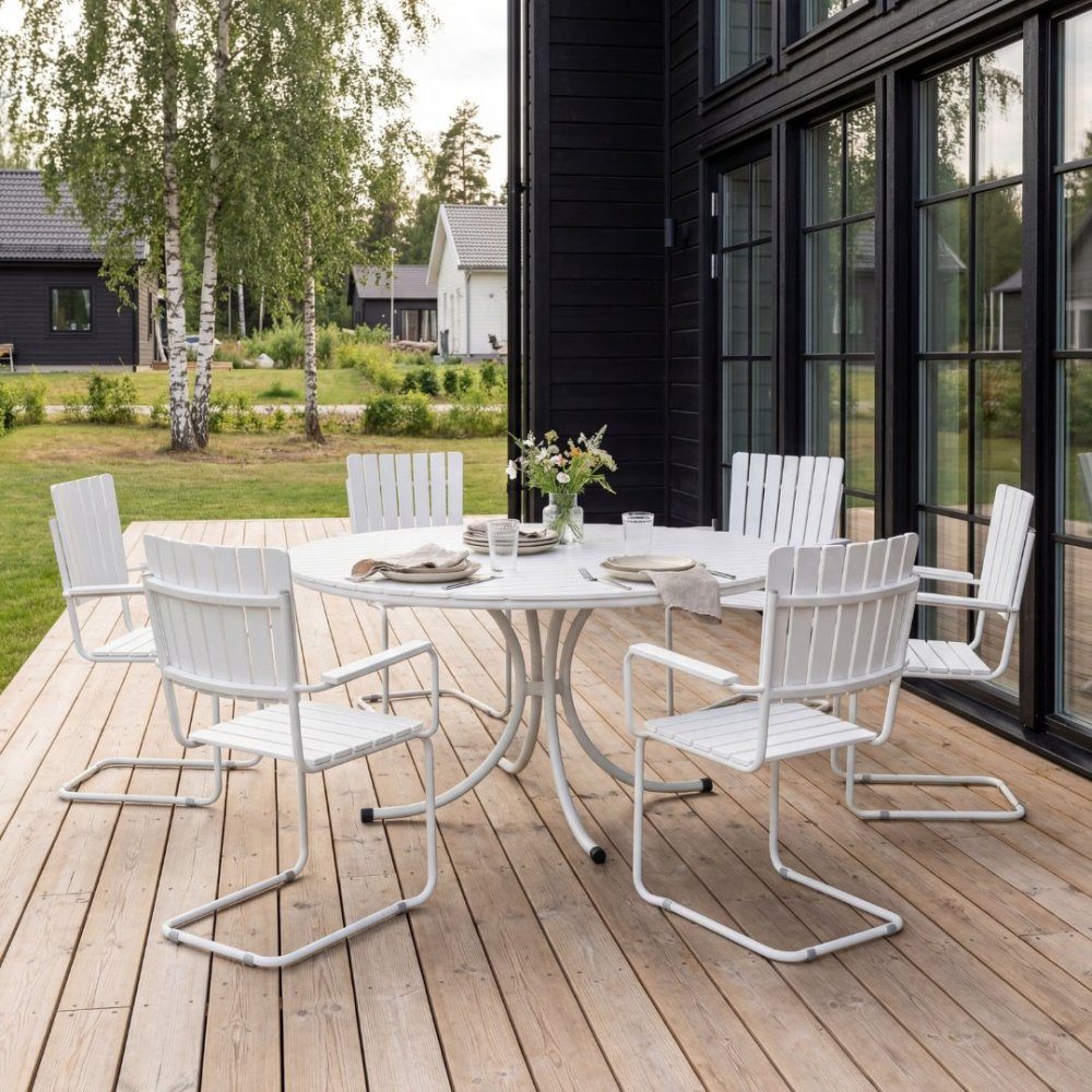 Rund utemöbel matgrupp | Bord med 6 stolar | Vitlaserad akacia | Gräsö | Runt utemöbelset i klassisk design för trädgården