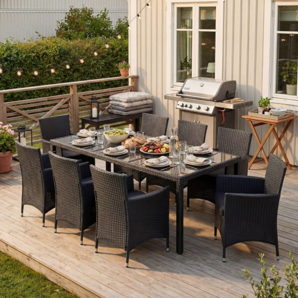 Tr�dg�rdsmatgrupp 8 stolar � Svart bord med glasskiva | Lysekil