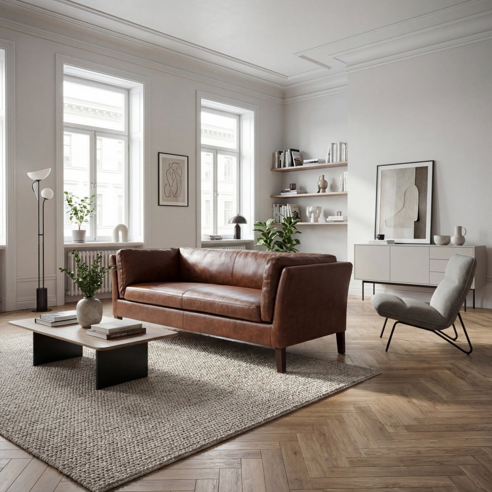 Soffa 3-sits | Vintagebrunt konstläder, skumstoppning & trästomme | Heritage