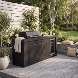 Utekök med kylskåp | Gasolgrill i rostfritt stål med keramisk bänkskiva & infraröd brännare | Alaska Blackline Utekök med kylskåp | Gasolgrill i rostfritt stål med keramisk bänkskiva & infraröd brännare | Alaska Blackline