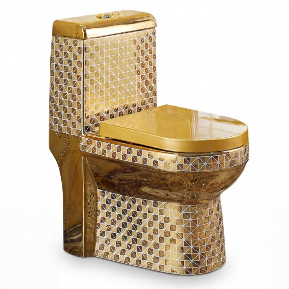 Guldtoalett med vitt m&ouml;nster  S-l&aring;s 300 mm  Lyxig WC