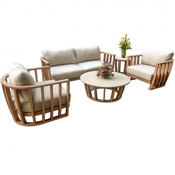 Soffgrupp i akacia & terrazzo-sten | Dynor med linnetyg | Storvik