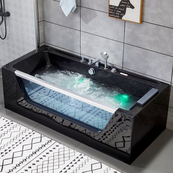Svart bubbelbadkar | Glasfront, värmare & ljusterapi | 180cm | BK-009V Svart bubbelbadkar | Glasfront, värmare & ljusterapi | 180cm | BK-009V