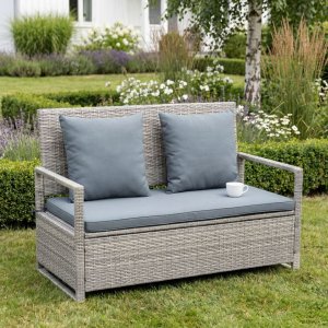 Bänk med dynförvaring 129 cm | Grå konstrotting | Dynor ingår | Boxvik Bänk med dynförvaring 129 cm | Grå konstrotting | Dynor ingår | Boxvik