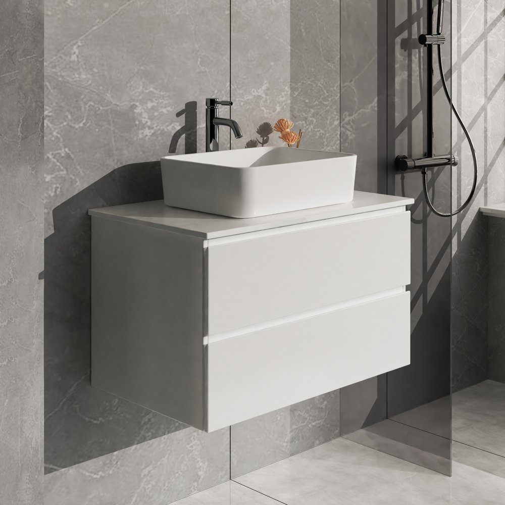 Kommod 80cm | Med tvättställ | Nimbus vit | MDF | Rymlig kommod komplett med blandare och bottenventil