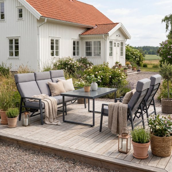Loungegrupp i aluminium med recliner � Soffa, 2 stolar & bord | Apelviken