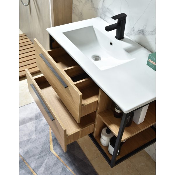 Industria Badrumspaket 90 cm – Kommod, keramiskt tvättställ, spegel & sidoskåp | Trä/Svart Industria Badrumspaket 90 cm – Kommod, keramiskt tvättställ, spegel & sidoskåp | Trä/Svart