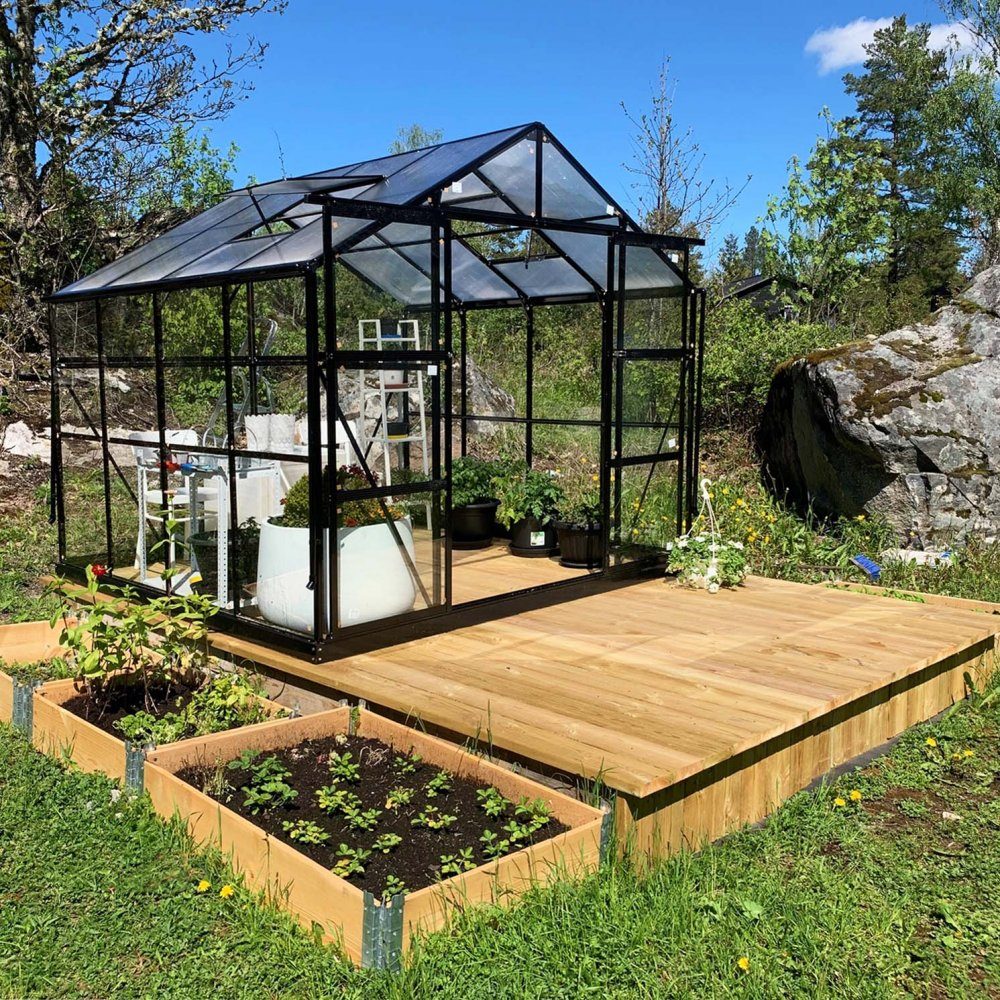 Växthus 6,4 m2  4 mm säkerhetsglas  5 års stormgaranti  Svart  Yta: 6,4 m2 (2,50x 2,57 meter)