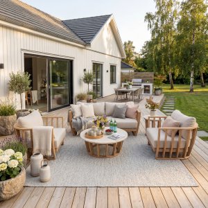Soffgrupp i akacia & terrazzo-sten | Dynor med linnetyg | Storvik Soffgrupp i akacia & terrazzo-sten | Dynor med linnetyg | Storvik