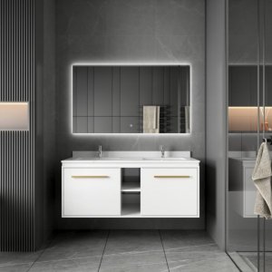 Badrumspaket 120 cm – Kommod med dubbla keramiska tvättställ & LED-spegel | Mjukstängning Badrumspaket 120 cm – Kommod med dubbla keramiska tvättställ & LED-spegel | Mjukstängning