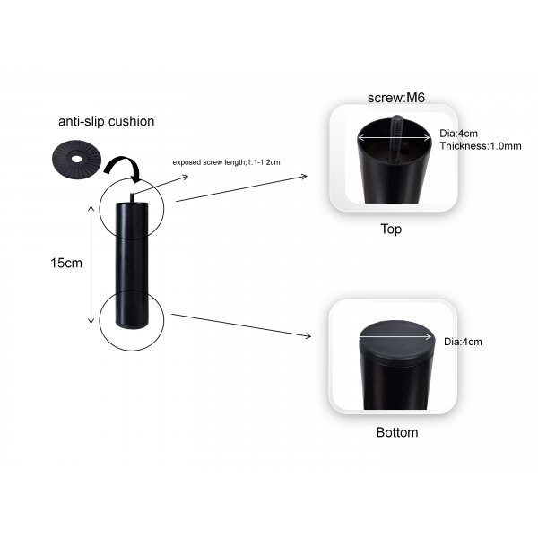 Ben till mediabänk - Svart | 15 cm * Ø4 cm - M6*1,2 cm Ben till mediabänk - Svart | 15 cm * Ø4 cm - M6*1,2 cm