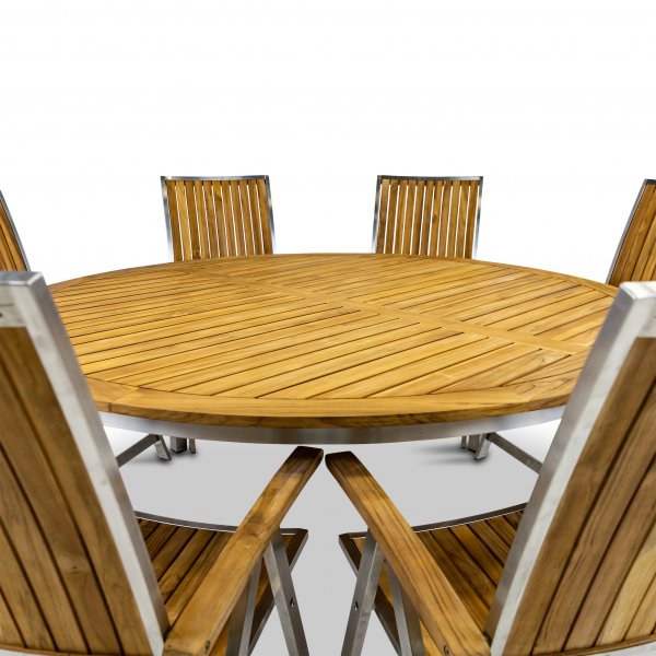 Stor rund tr�dg�rdsgrupp i teak / rostfritt st�l | Bord & 8 positionsstolar