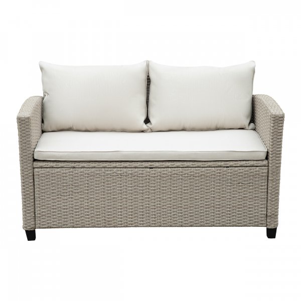 Exklusiv Loungegrupp | H�rnsoffa med bord | Beige/Gr� konstrotting | Stockholm