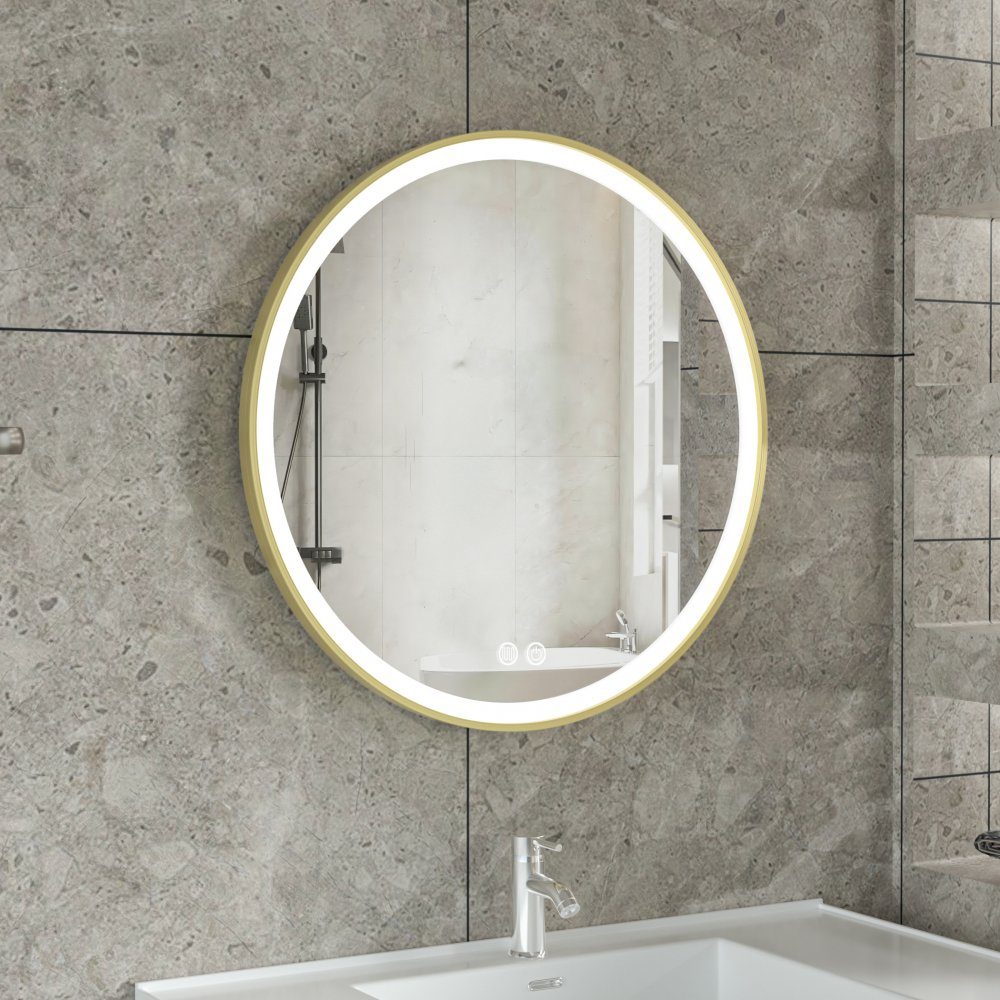 Stilren LED-spegel 80x80cm | Guldaluminiumram- Anti-fog & touch-styrning | Tunnel-spegel med guldfärgad aluminiumram