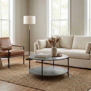 Soffbord Ø90 cm | Cementimitation med svart metallram & hylla | Shanghai Soffbord Ø90 cm | Cementimitation med svart metallram & hylla | Shanghai