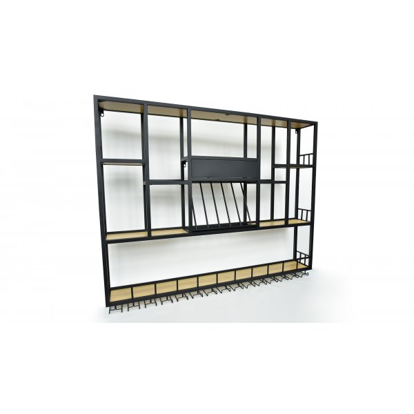 V�ggh�ngd barhylla i svart metall | Vin, glas & flaskf�rvaring | 150 � 120 cm