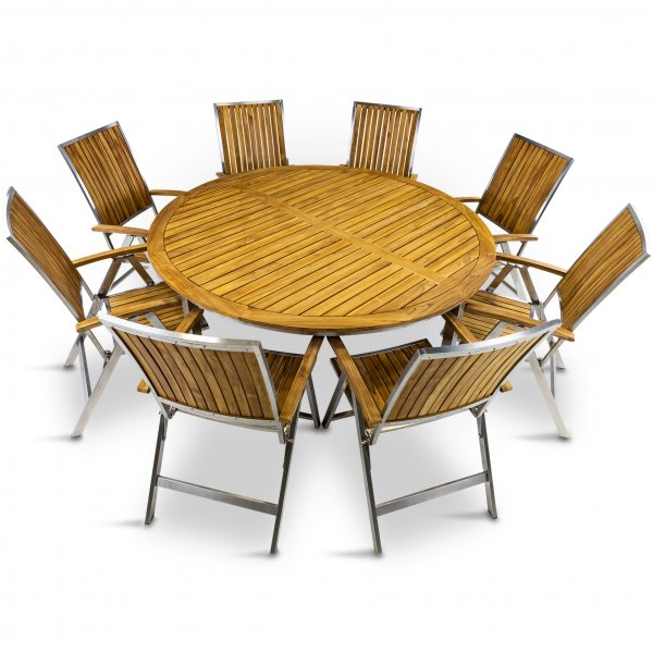 Stor rund tr�dg�rdsgrupp i teak / rostfritt st�l | Bord & 8 positionsstolar