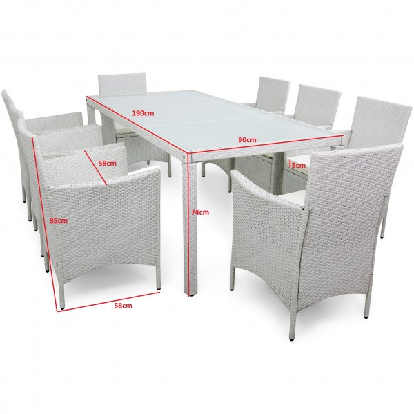 Utembler i vit konstrotting | Matgrupp med 8 stolar | Lyfco Lysekil