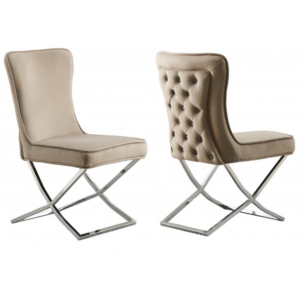Matstol i beige sammet med kromat underrede, 2-pack | Luxury