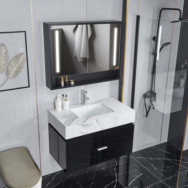 Badrumsmöbel 90cm | LED-spegelskåp | Marmorerad bänkskiva | Svart Badrumsmöbel 90cm | LED-spegelskåp | Marmorerad bänkskiva | Svart
