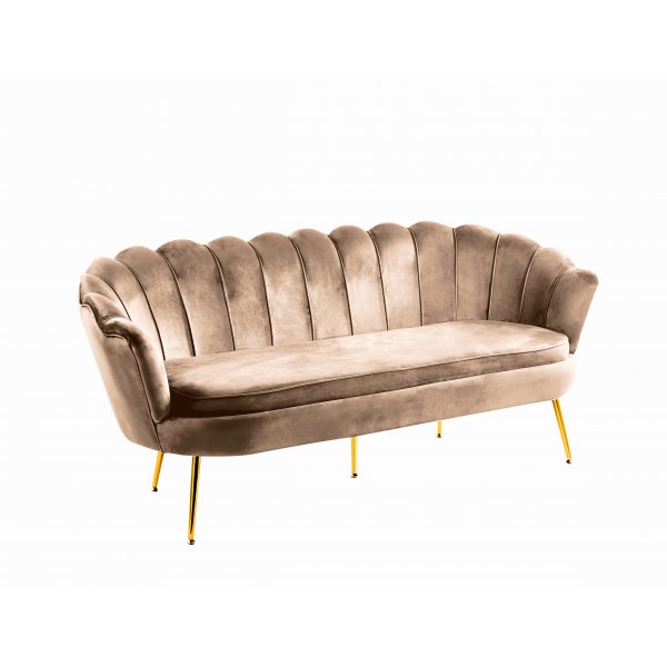 Soffa med 3-sits | Sn�ckformad design, sammet & m�ssingsdetaljer | M�rkbeige