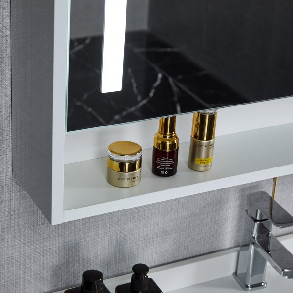 Badrumsm�bel 90cm | LED-spegelsk�p | Marmorerad b�nkskiva | Vit