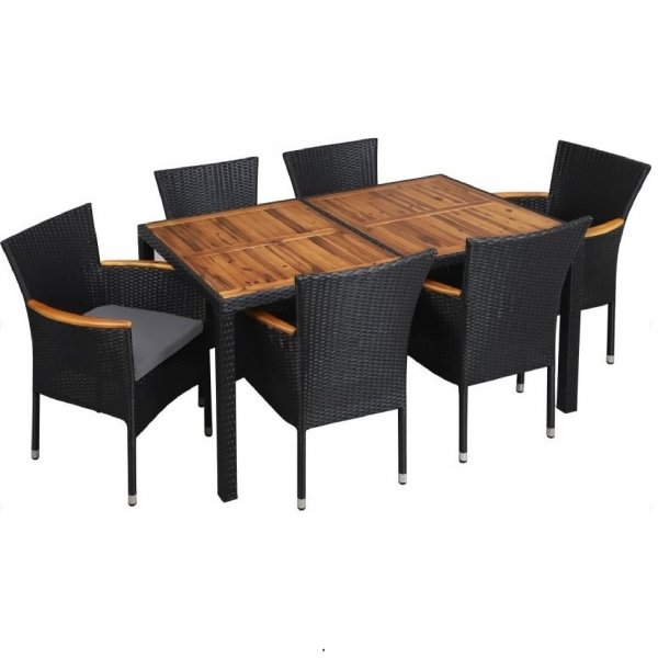 Utem�bel set | 6 stolar | Bord i akaciatr� & stolar i svart rotting | Eker�