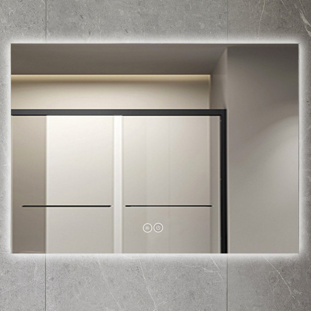 Badrumsspegel 100x80cm | LED-lyse & anti-fog | Rektangulär | Rund badrumsspegel med led-belysning, anti-fog och dimmer.